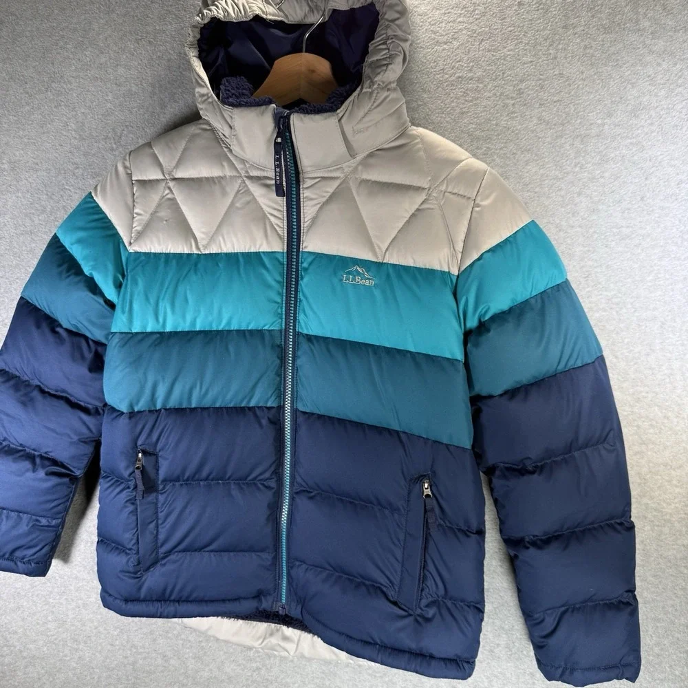 LL Bean Jacket Kids Downtek Medium 10-12 Blue Colorblock Hooded Puffer